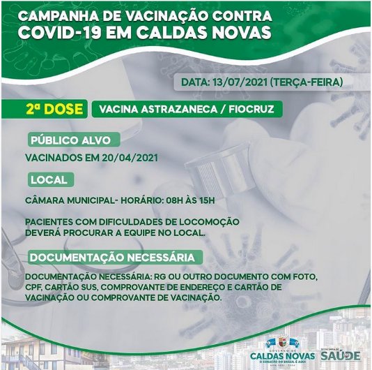 ATENÇÃO, para 2ª dose da vacinação contra a Covid-19.