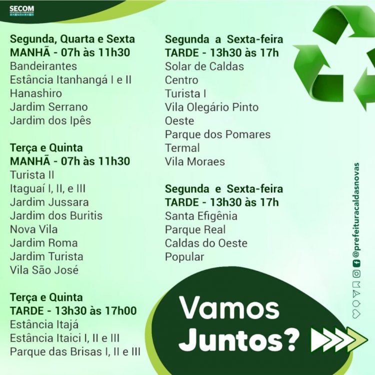Caldas Novas: Saiba os dias e horários do caminhão da coleta seletiva no seu bairro