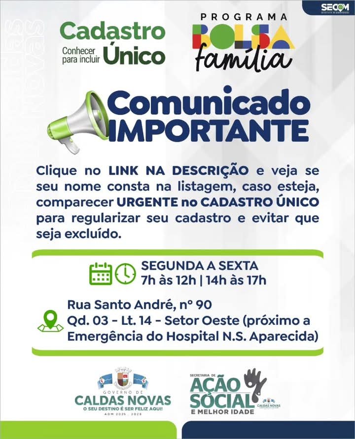Prefeitura de Caldas Novas convoca beneficiários para atualizar informações do Cadastro Único