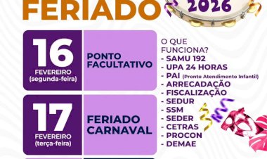 Carnaval 2026: confira o funcionamento dos serviços da Prefeitura no ponto facultativo